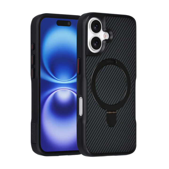 TUNIQ iPhone 16 Backcover hoesje - Magsafe With Ring Stand - Carbon Fiber - Zwart-Hoesjes-Ilumina Benelux
