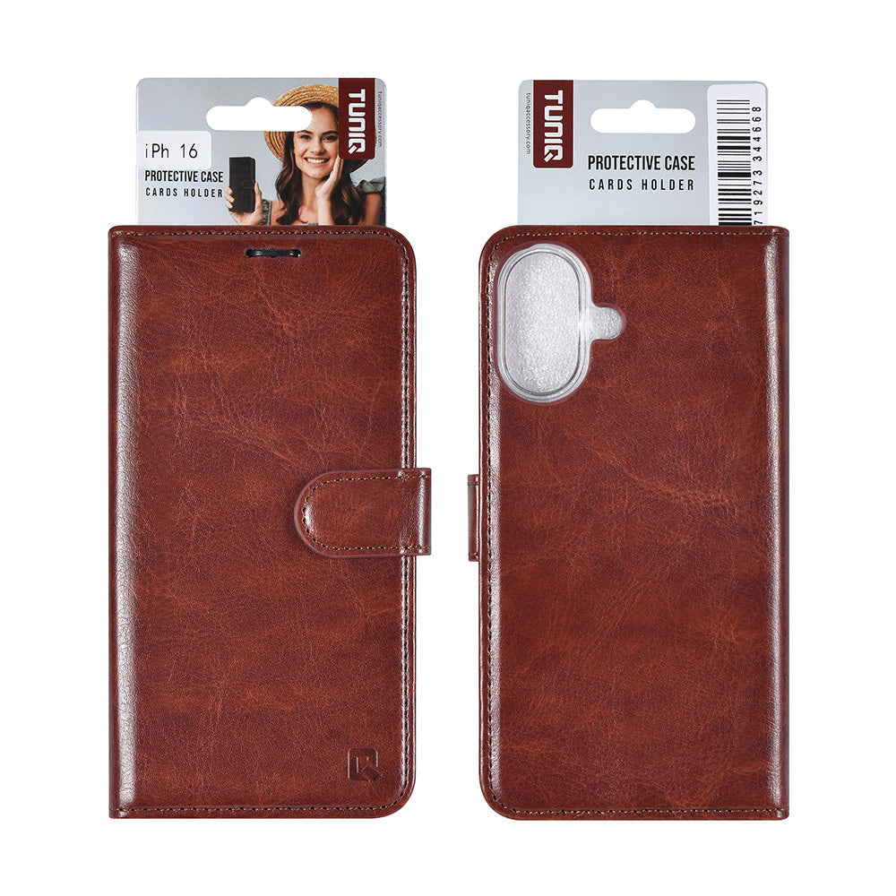 TUNIQ iPhone 16 Book Case hoesje Pasjeshouder voor 3 pasjes - Hanger - Bruin-Hoesjes-Ilumina Benelux