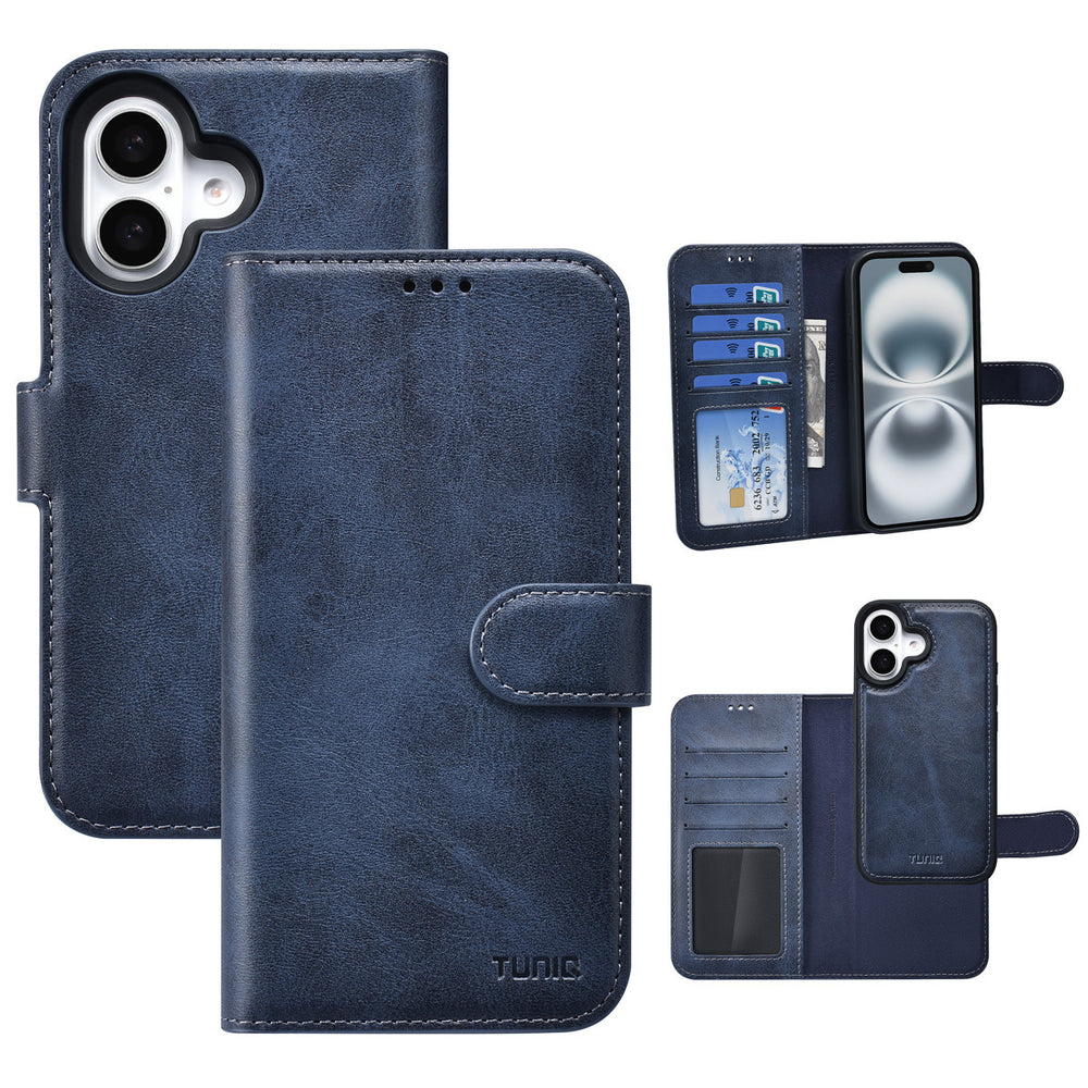 TUNIQ iPhone 16 Book Case hoesje - Pasjeshouder voor 3 pasjes - met afneembaar magnetisch hoesje - Blauw-Hoesjes-Ilumina Benelux