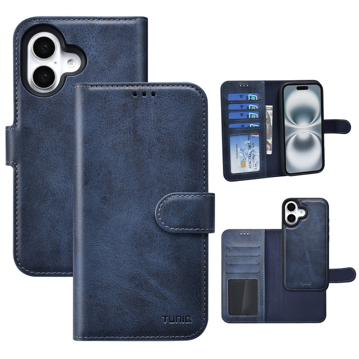 TUNIQ iPhone 16 Book Case hoesje - Pasjeshouder voor 3 pasjes - met afneembaar magnetisch hoesje - Blauw-Hoesjes-Ilumina Benelux