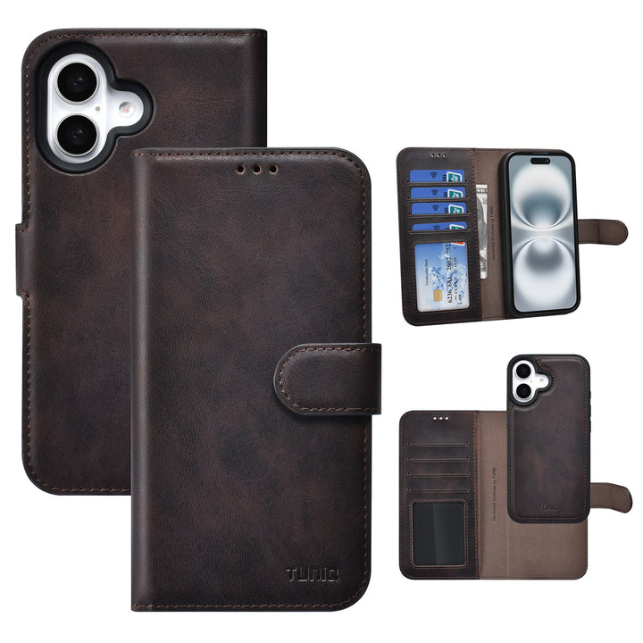 TUNIQ iPhone 16 Book Case hoesje - Pasjeshouder voor 3 pasjes - met afneembaar magnetisch hoesje - Bruin-Hoesjes-Ilumina Benelux