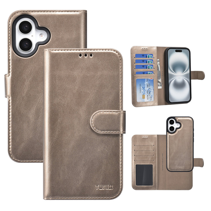 TUNIQ iPhone 16 Book Case hoesje - Pasjeshouder voor 3 pasjes - met afneembaar magnetisch hoesje - Goud-Hoesjes-Ilumina Benelux