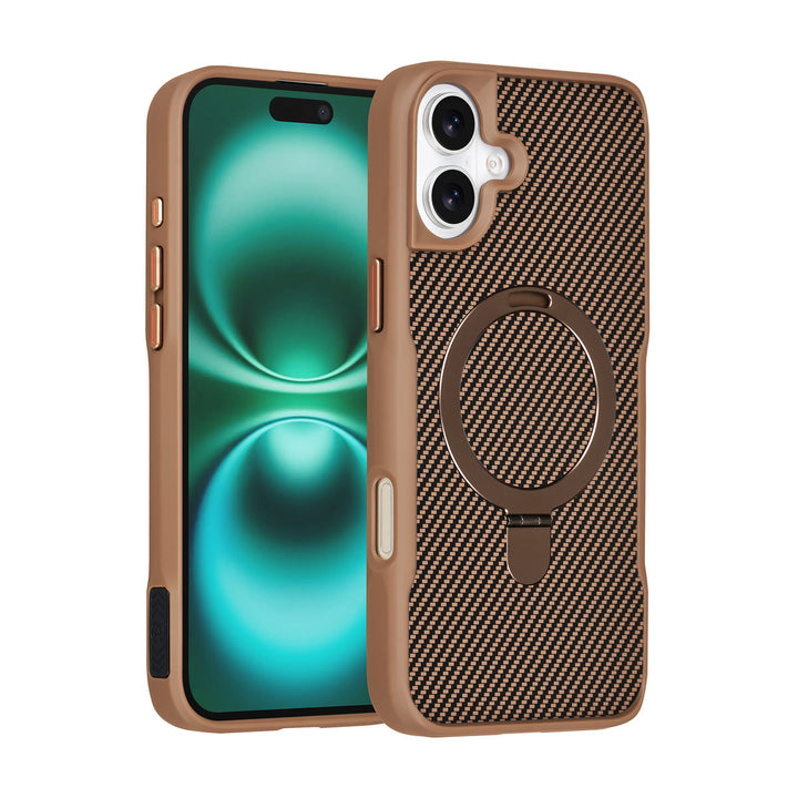 TUNIQ iPhone 16 Plus Backcover hoesje - Magsafe With Ring Stand - Carbon Fiber - Goud-Hoesjes-Ilumina Benelux