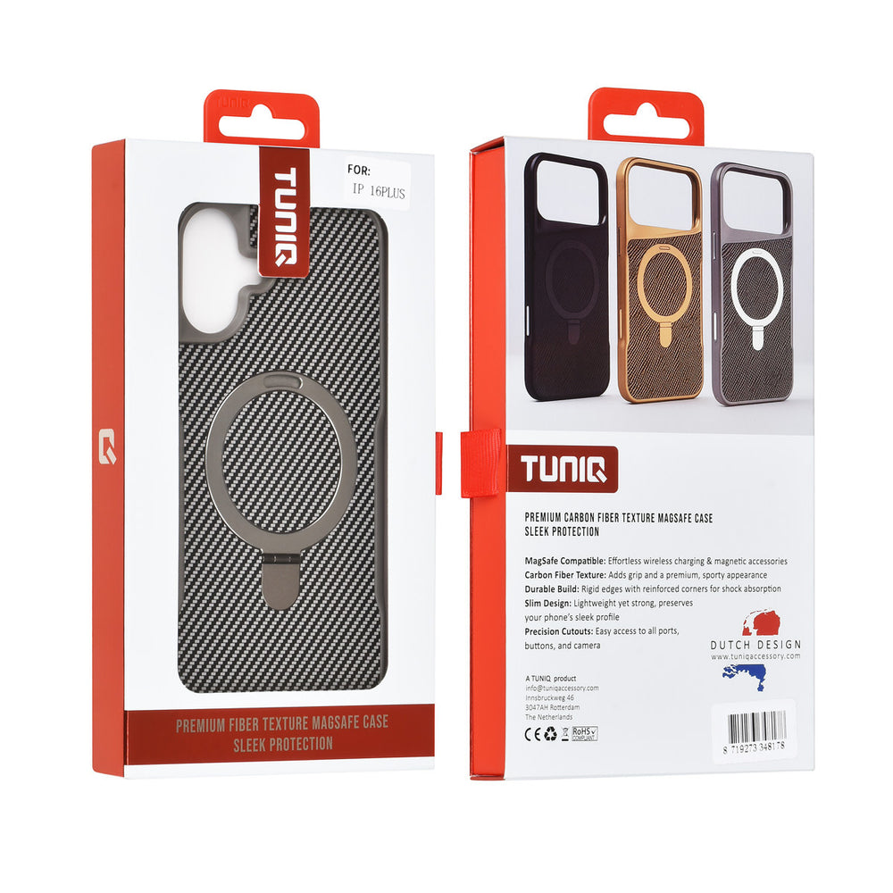 TUNIQ iPhone 16 Plus Backcover hoesje - Magsafe With Ring Stand - Carbon Fiber - Zilver-Hoesjes-Ilumina Benelux