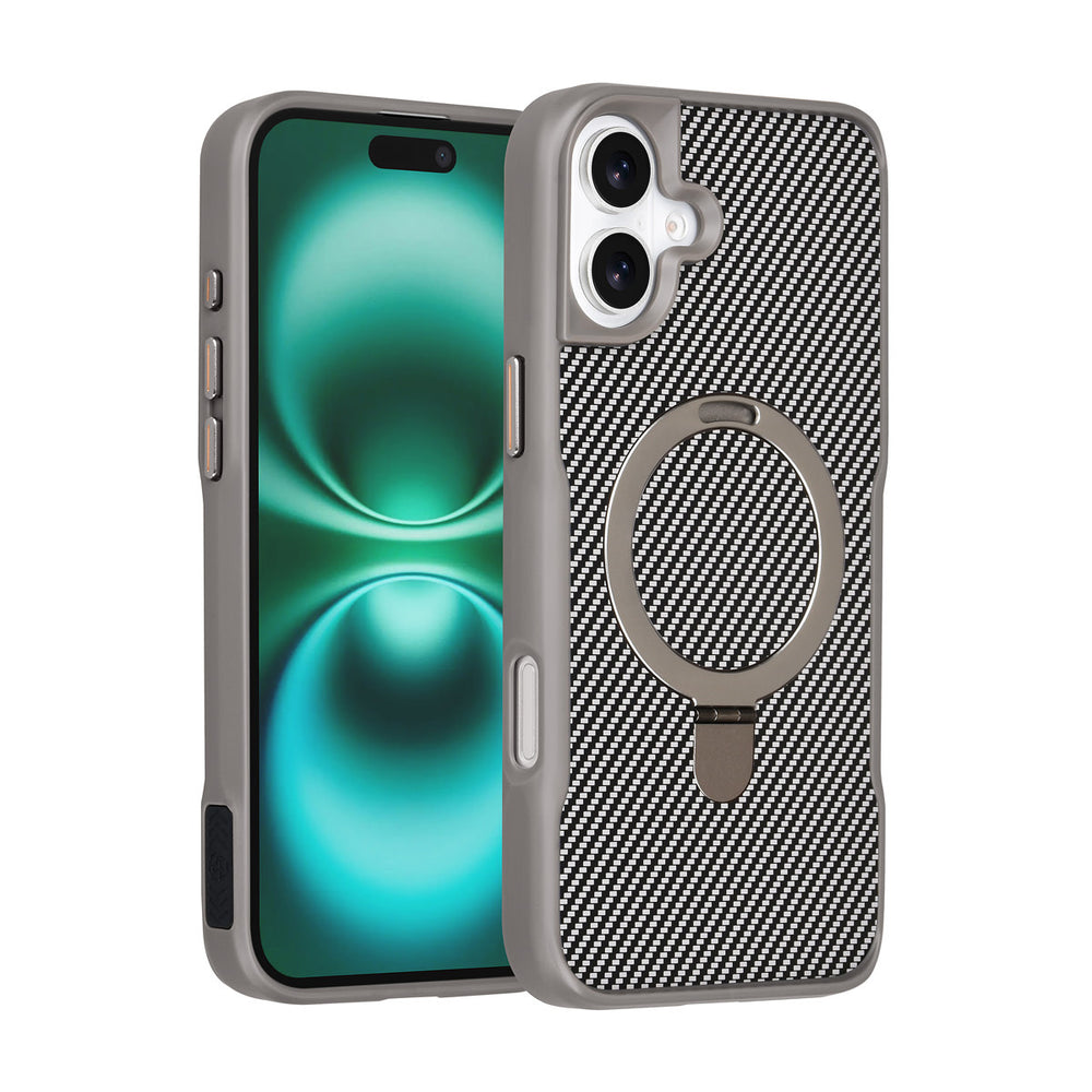 TUNIQ iPhone 16 Plus Backcover hoesje - Magsafe With Ring Stand - Carbon Fiber - Zilver-Hoesjes-Ilumina Benelux
