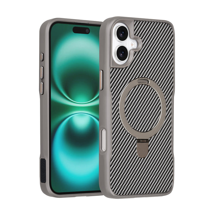 TUNIQ iPhone 16 Plus Backcover hoesje - Magsafe With Ring Stand - Carbon Fiber - Zilver-Hoesjes-Ilumina Benelux