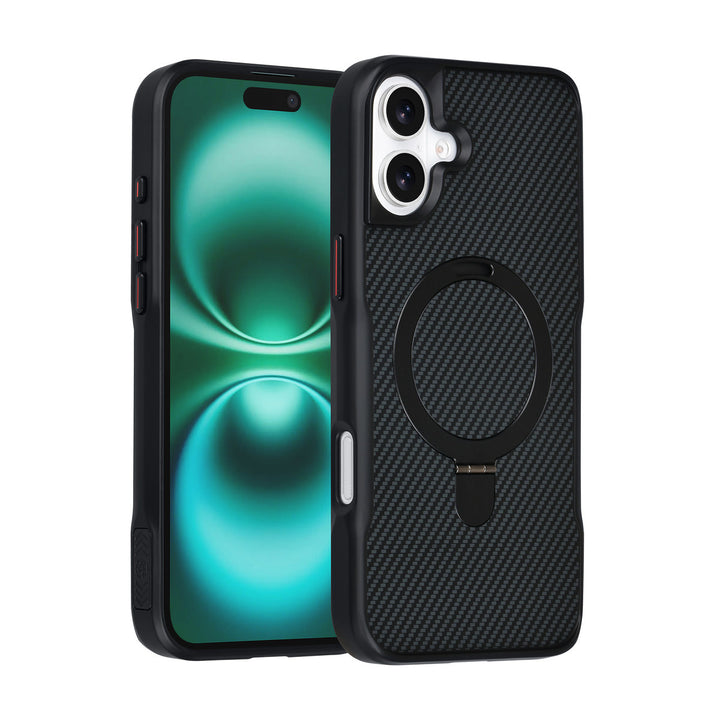 TUNIQ iPhone 16 Plus Backcover hoesje - Magsafe With Ring Stand - Carbon Fiber - Zwart-Hoesjes-Ilumina Benelux