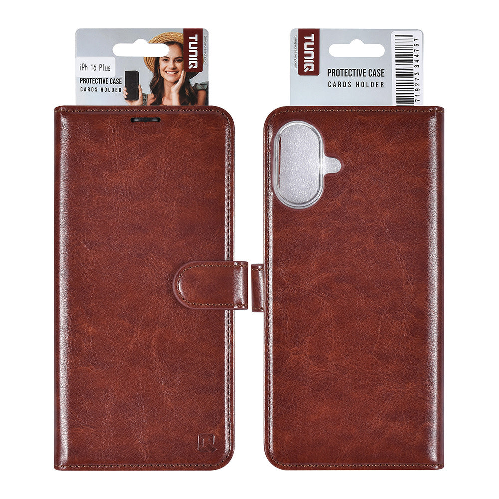 TUNIQ iPhone 16 Plus Book Case hoesje Pasjeshouder voor 3 pasjes - Hanger - Bruin-Hoesjes-Ilumina Benelux