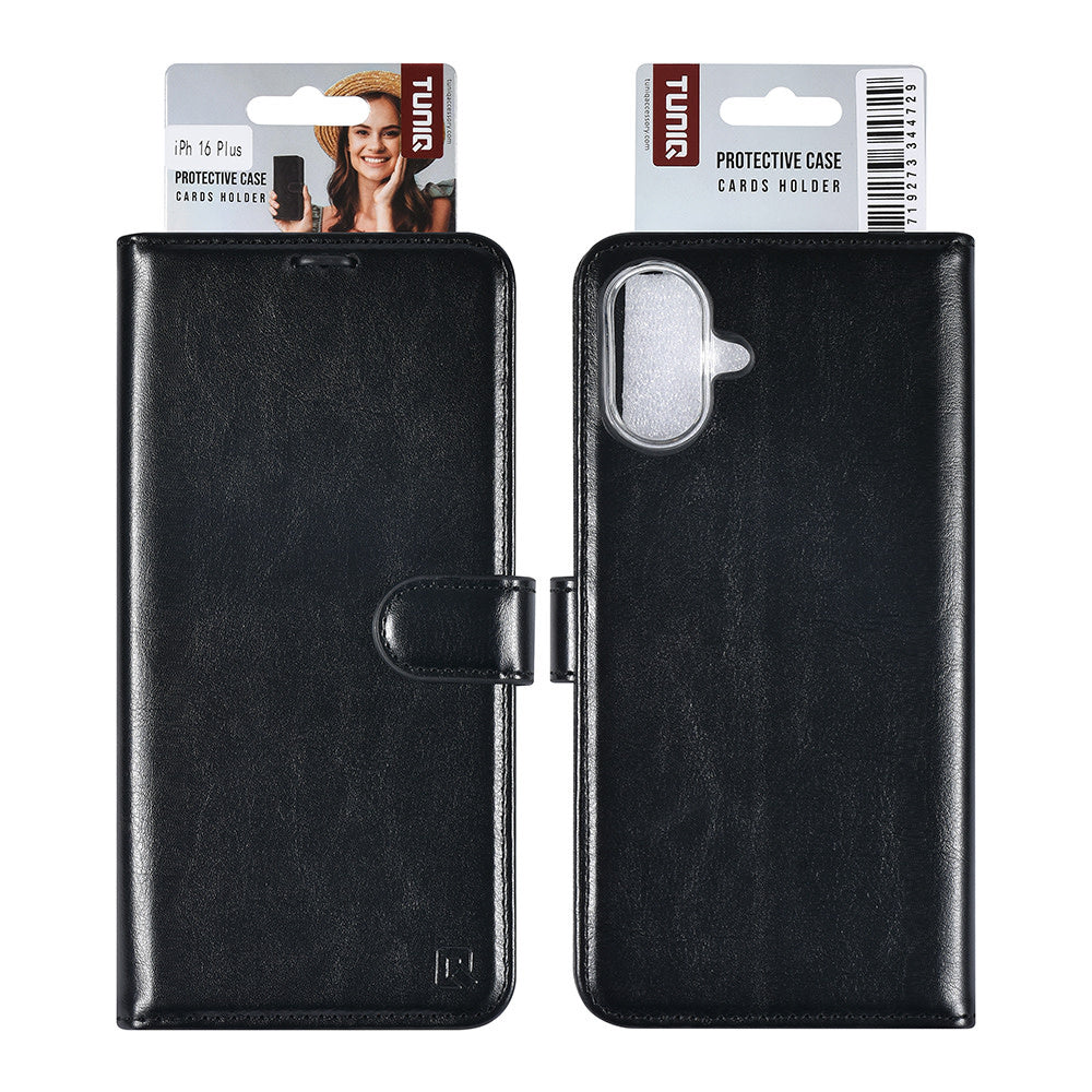 TUNIQ iPhone 16 Plus Book Case hoesje Pasjeshouder voor 3 pasjes - Hanger - Zwart-Hoesjes-Ilumina Benelux