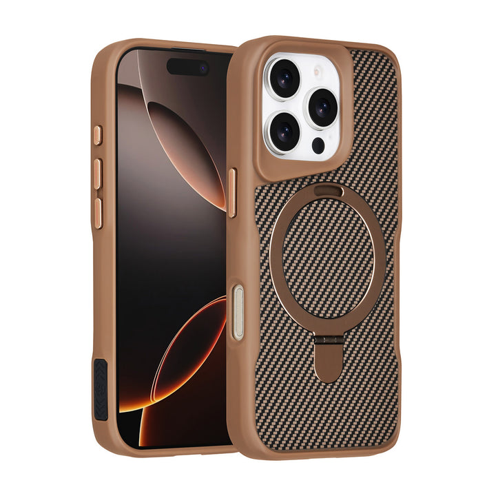 TUNIQ iPhone 16 Pro Backcover hoesje - Magsafe With Ring Stand - Carbon Fiber - Goud-Hoesjes-Ilumina Benelux