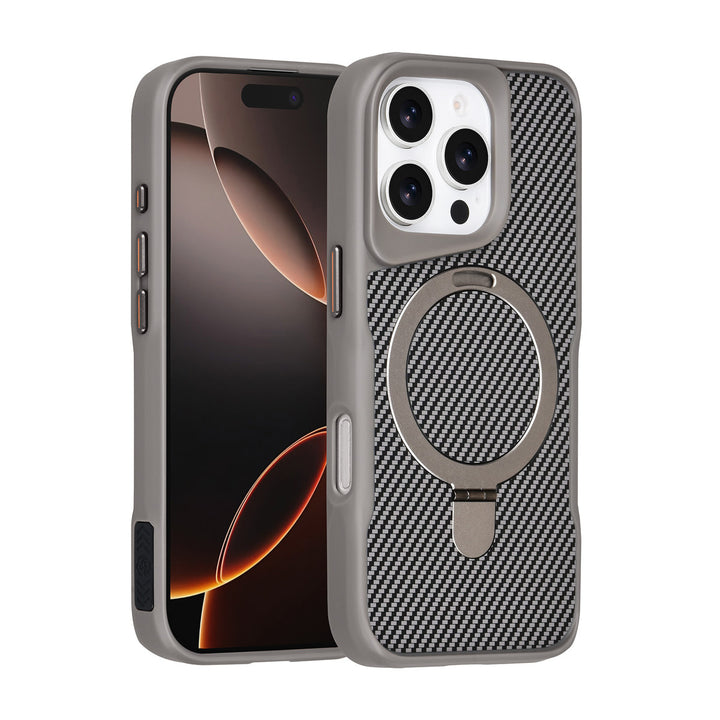 TUNIQ iPhone 16 Pro Backcover hoesje - Magsafe With Ring Stand - Carbon Fiber - Zilver-Hoesjes-Ilumina Benelux