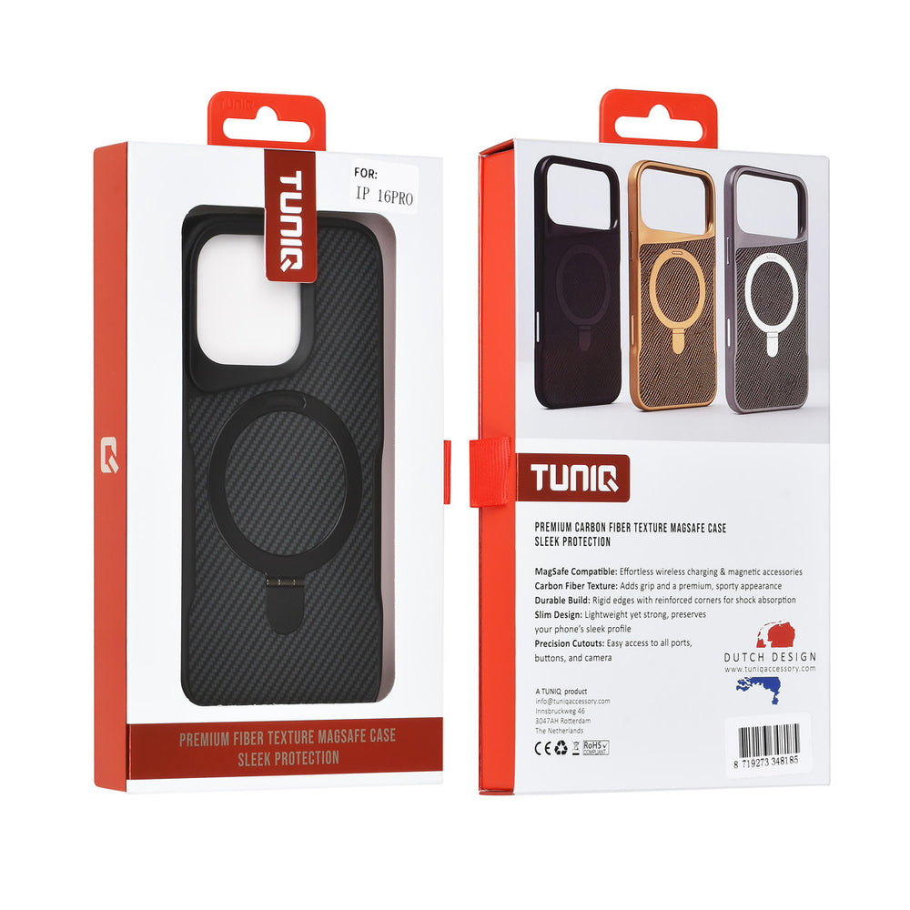 TUNIQ iPhone 16 Pro Backcover hoesje - Magsafe With Ring Stand - Carbon Fiber - Zwart-Hoesjes-Ilumina Benelux