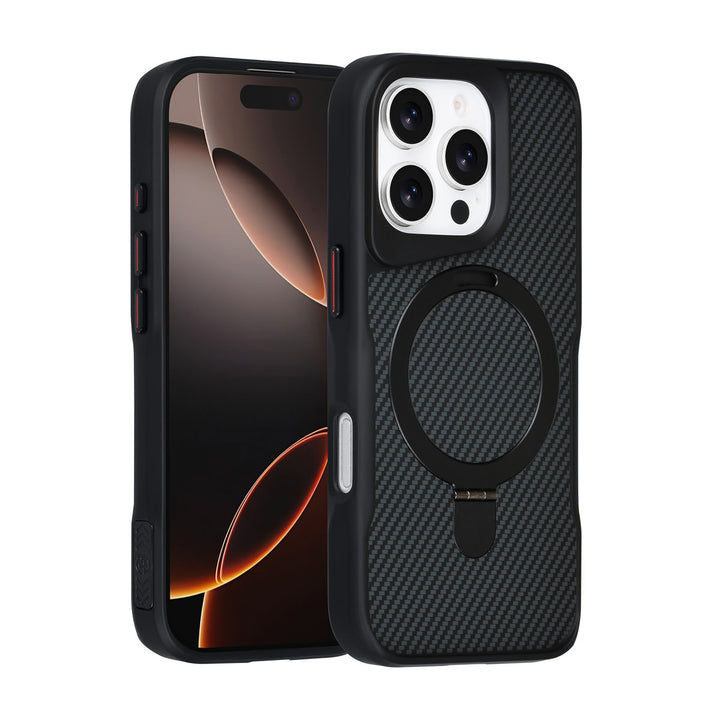 TUNIQ iPhone 16 Pro Backcover hoesje - Magsafe With Ring Stand - Carbon Fiber - Zwart-Hoesjes-Ilumina Benelux