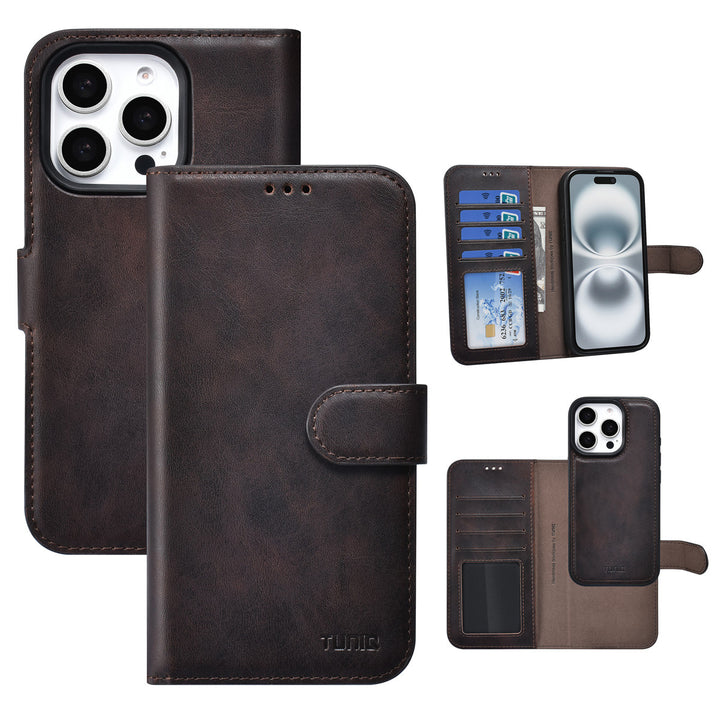 TUNIQ iPhone 16 Pro Book Case hoesje - Pasjeshouder voor 3 pasjes - met afneembaar magnetisch hoesje - Bruin-Hoesjes-Ilumina Benelux