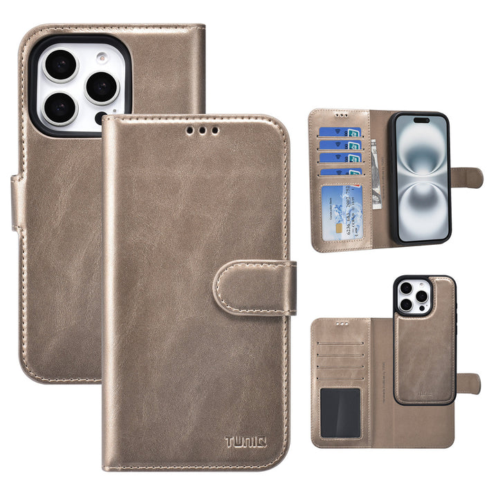 TUNIQ iPhone 16 Pro Book Case hoesje - Pasjeshouder voor 3 pasjes - met afneembaar magnetisch hoesje - Goud-Hoesjes-Ilumina Benelux