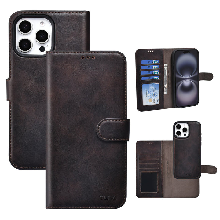 TUNIQ iPhone 16 Pro Max Book Case hoesje - Pasjeshouder voor 3 pasjes - met afneembaar magnetisch hoesje - Bruin-Hoesjes-Ilumina Benelux