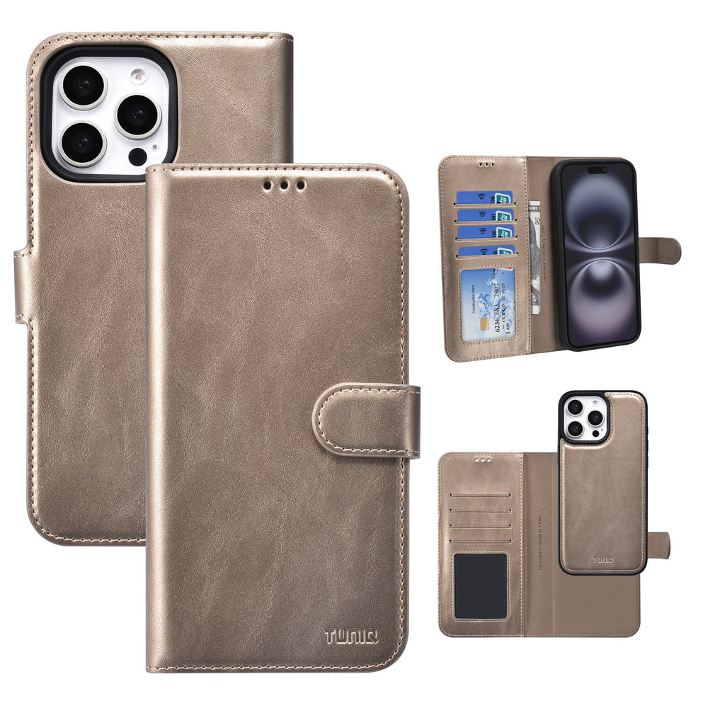 TUNIQ iPhone 16 Pro Max Book Case hoesje - Pasjeshouder voor 3 pasjes - met afneembaar magnetisch hoesje - Goud-Hoesjes-Ilumina Benelux