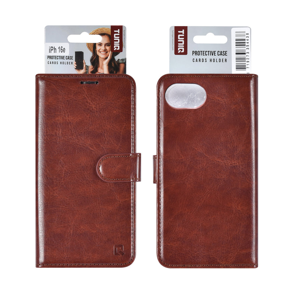 TUNIQ iPhone 16e Book Case hoesje - Pasjeshouder voor 3 pasjes - Hanger - Bruin-Hoesjes-Ilumina Benelux