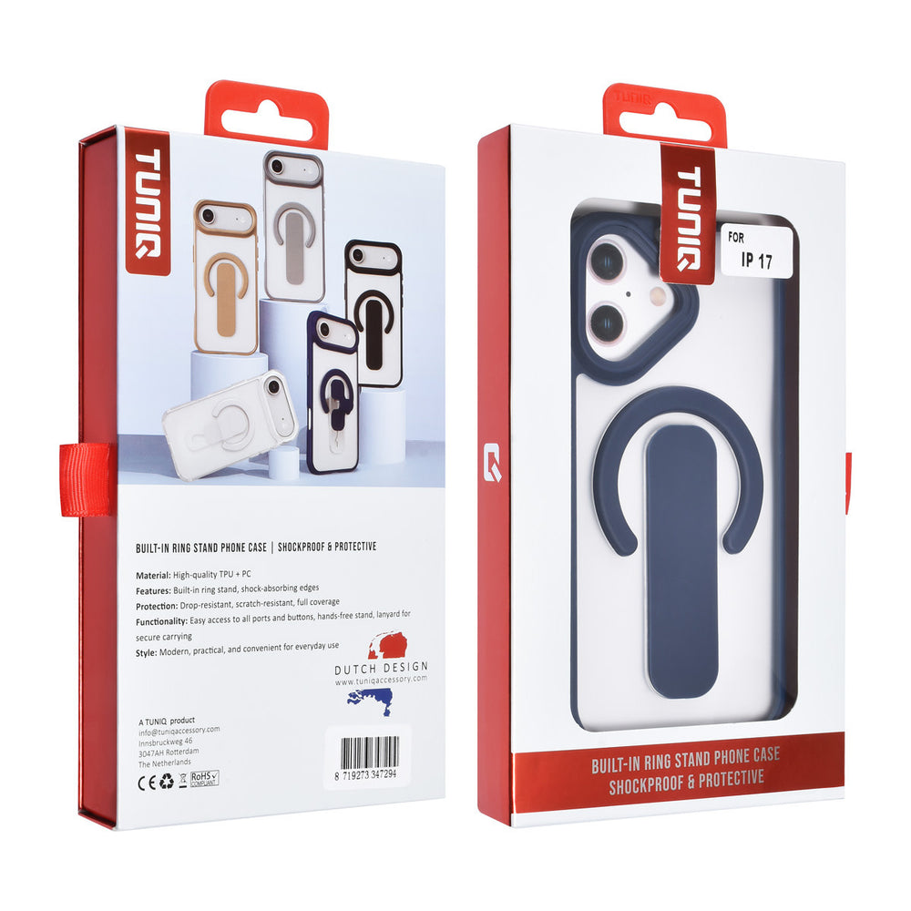 TUNIQ iPhone 17 Backcover hoesje - Built-in Ring Stand - Antishock - Blauw-Hoesjes-Ilumina Benelux