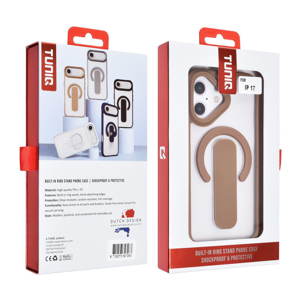 TUNIQ iPhone 17 Backcover hoesje - Built-in Ring Stand - Antishock - Goud-Hoesjes-Ilumina Benelux