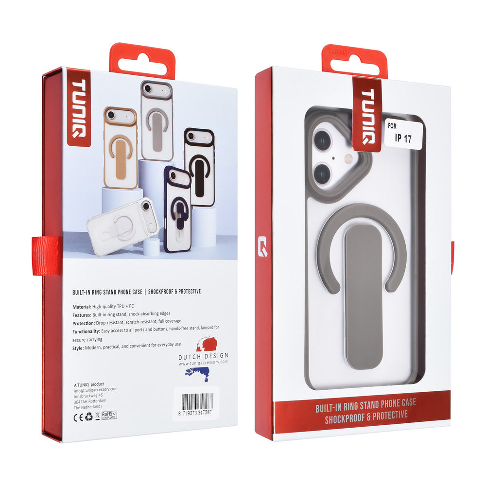 TUNIQ iPhone 17 Backcover hoesje - Built-in Ring Stand - Antishock - Grijs-Hoesjes-Ilumina Benelux