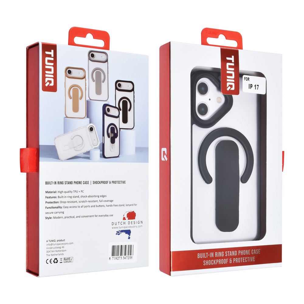 TUNIQ iPhone 17 Backcover hoesje - Built-in Ring Stand - Antishock - Zwart-Hoesjes-Ilumina Benelux