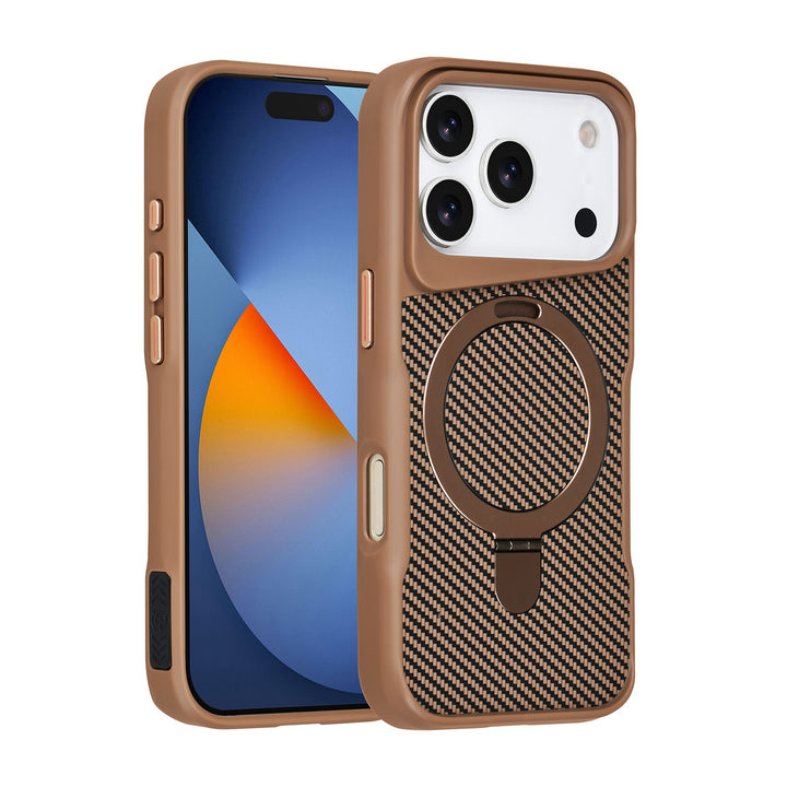 TUNIQ iPhone 17 Pro Backcover hoesje - Magsafe With Ring Stand - Carbon Fiber - Goud-Hoesjes-Ilumina Benelux