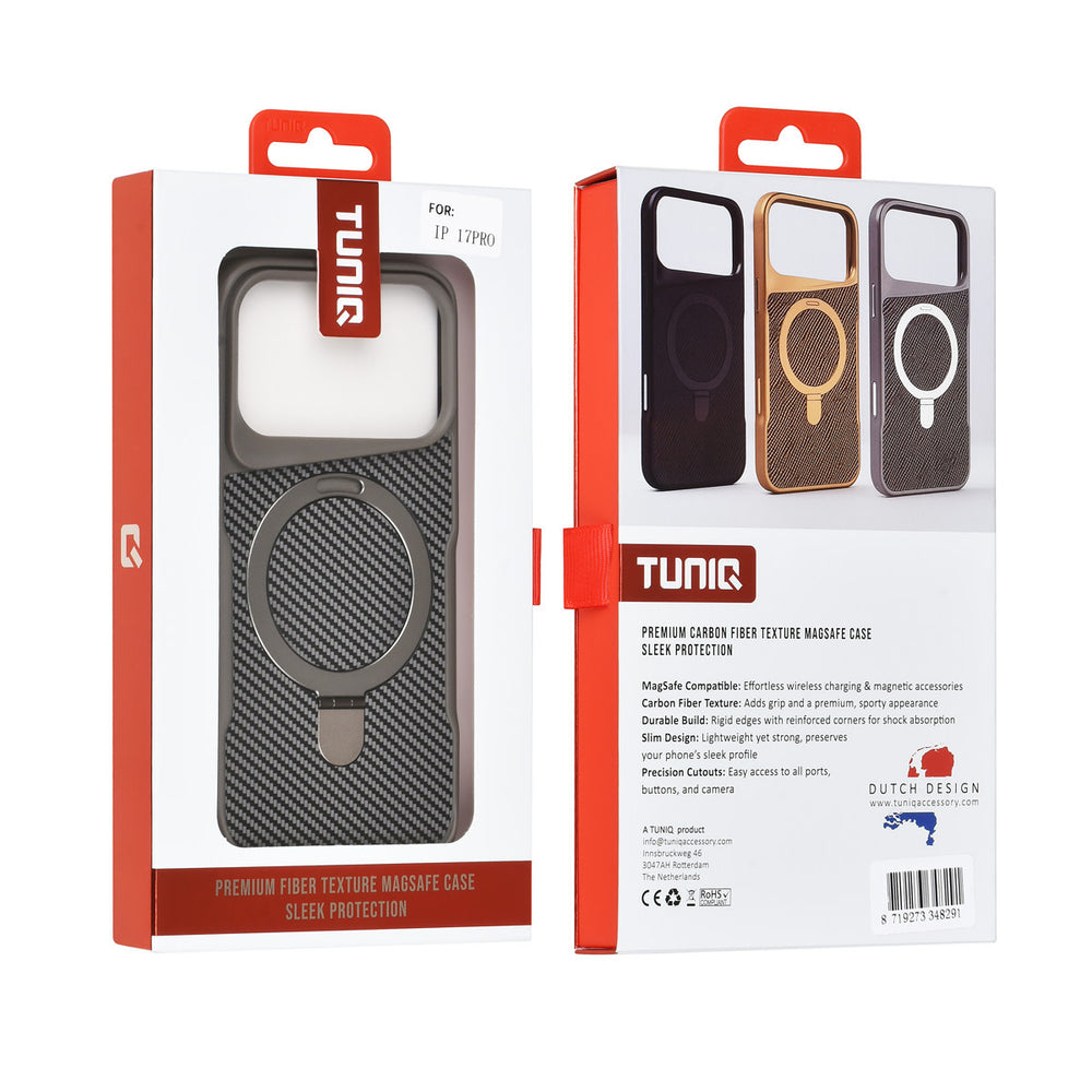 TUNIQ iPhone 17 Pro Backcover hoesje - Magsafe With Ring Stand - Carbon Fiber - Zilver-Hoesjes-Ilumina Benelux