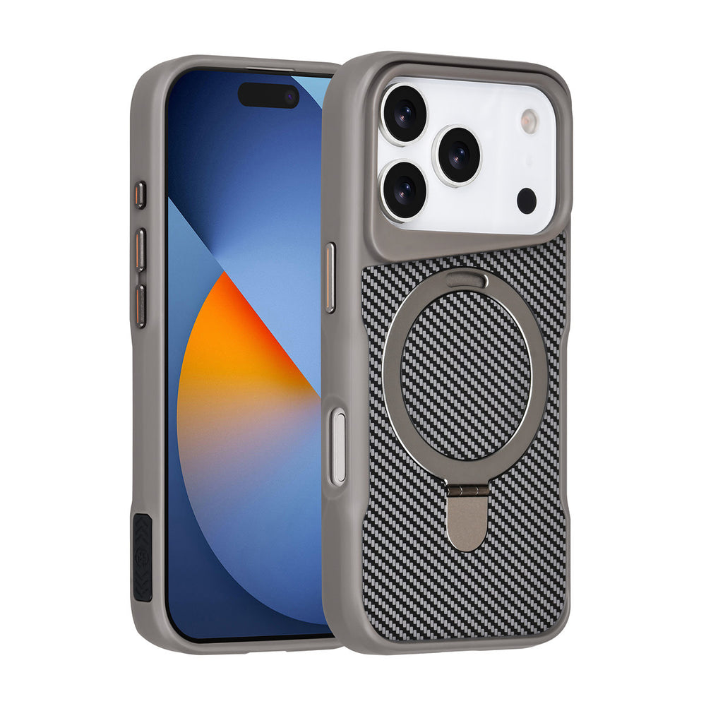 TUNIQ iPhone 17 Pro Backcover hoesje - Magsafe With Ring Stand - Carbon Fiber - Zilver-Hoesjes-Ilumina Benelux