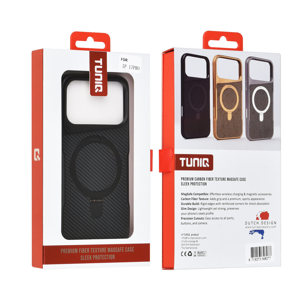 TUNIQ iPhone 17 Pro Backcover hoesje - Magsafe With Ring Stand - Carbon Fiber - Zwart-Hoesjes-Ilumina Benelux