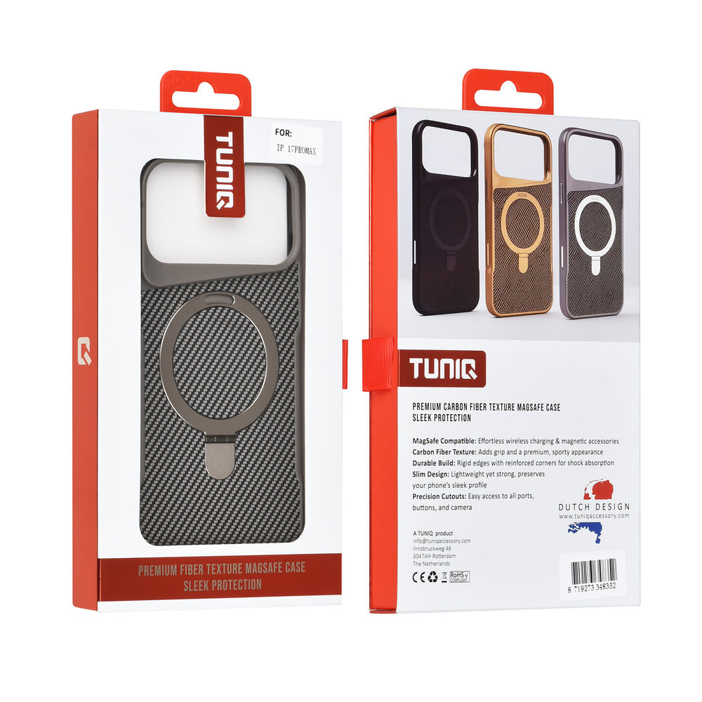 TUNIQ iPhone 17 Pro Max Backcover hoesje - Magsafe With Ring Stand - Carbon Fiber - Zilver-Hoesjes-Ilumina Benelux