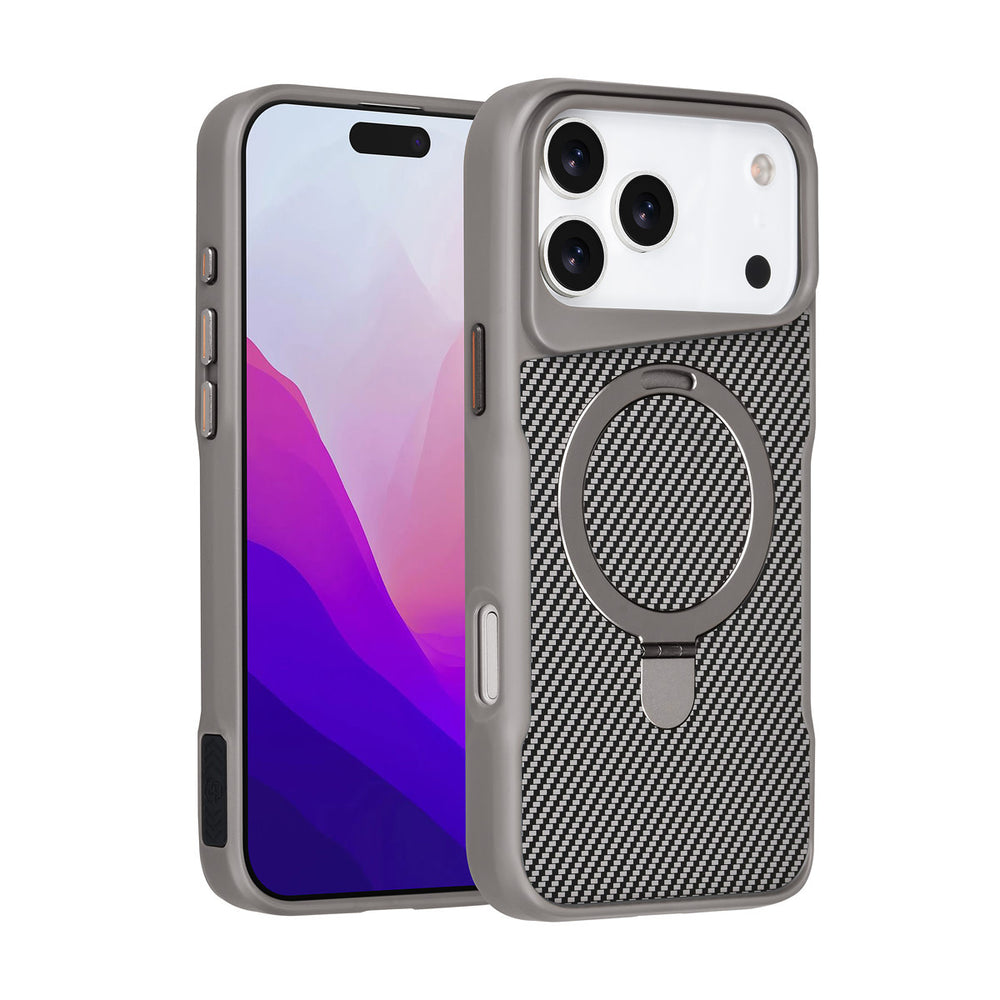 TUNIQ iPhone 17 Pro Max Backcover hoesje - Magsafe With Ring Stand - Carbon Fiber - Zilver-Hoesjes-Ilumina Benelux