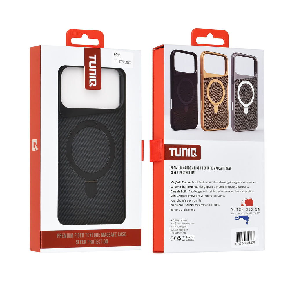 TUNIQ iPhone 17 Pro Max Backcover hoesje - Magsafe With Ring Stand - Carbon Fiber - Zwart-Hoesjes-Ilumina Benelux