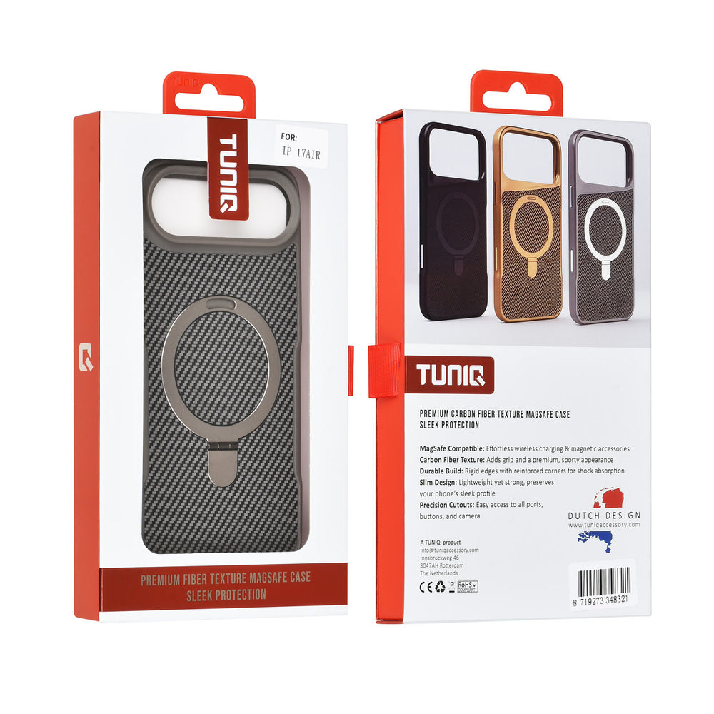 TUNIQ iPhone Air Backcover hoesje - Magsafe With Ring Stand - Carbon Fiber - Zilver-Hoesjes-Ilumina Benelux