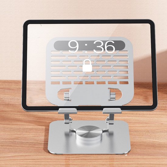 Tablethouder bureau – 360° draaibaar – Verstelbaar & opvouwbaar – Aluminium – Zilver-Notebookstandaard-Ilumina Benelux