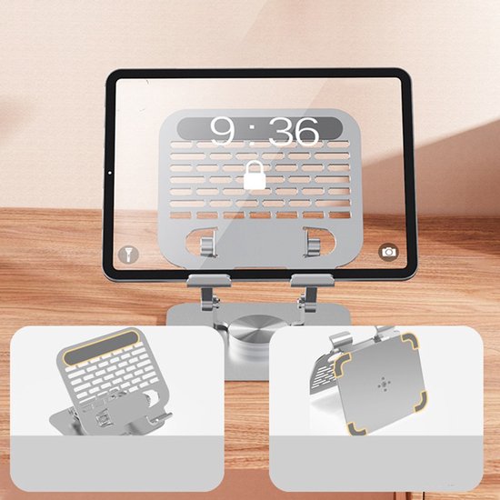 Tablethouder bureau – 360° draaibaar – Verstelbaar & opvouwbaar – Aluminium – Zilver-Notebookstandaard-Ilumina Benelux