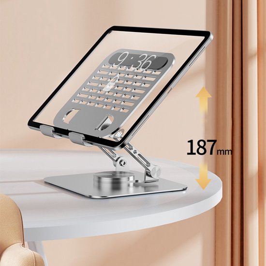 Tablethouder bureau – 360° draaibaar – Verstelbaar & opvouwbaar – Aluminium – Zilver-Notebookstandaard-Ilumina Benelux