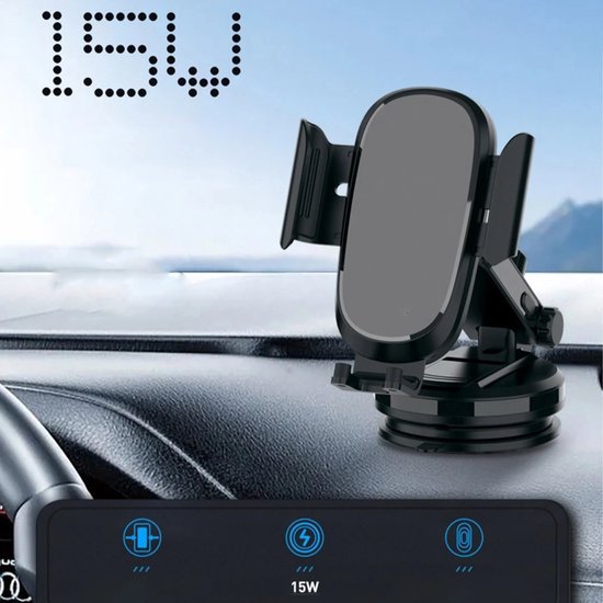 Telefoonhouder auto – 15W Qi draadloze oplader – Zuignap voorruit & dashboard – Universeel – Zwart-Ilumina Benelux