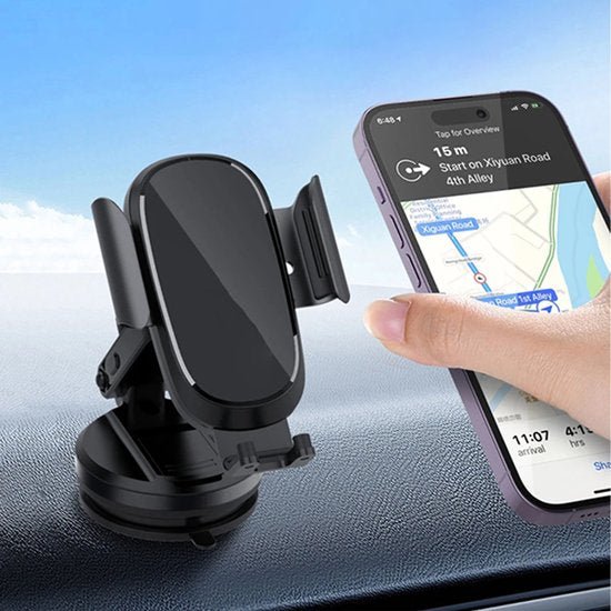 Telefoonhouder auto – 15W Qi draadloze oplader – Zuignap voorruit & dashboard – Universeel – Zwart-Ilumina Benelux
