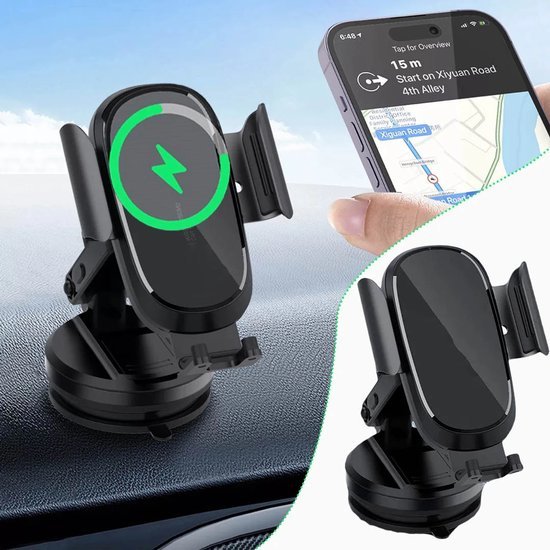 Telefoonhouder auto – 15W Qi draadloze oplader – Zuignap voorruit & dashboard – Universeel – Zwart-Ilumina Benelux