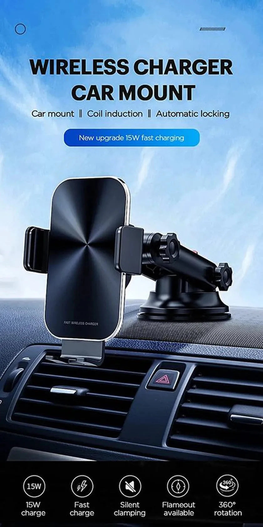 Telefoonhouder auto – 15W draadloze autolader snelladen – Ventilatierooster/Dashboard/Voorruit – Geschikt voor iPhone & Samsung – Zwart-Ilumina Benelux