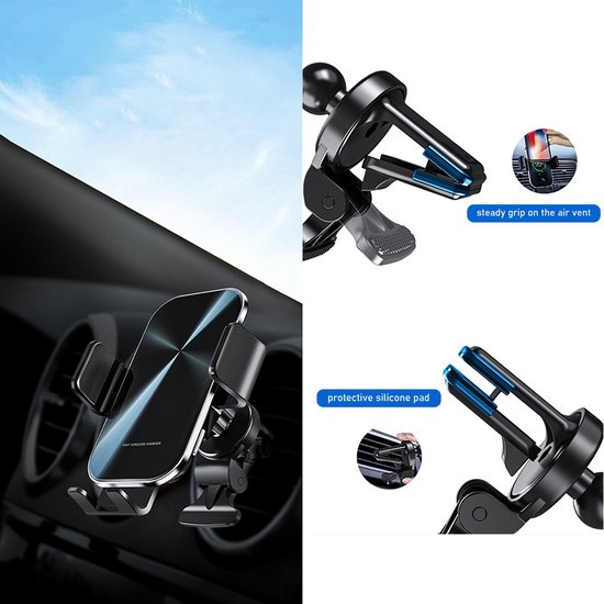 Telefoonhouder auto – 15W draadloze autolader snelladen – Ventilatierooster/Dashboard/Voorruit – Geschikt voor iPhone & Samsung – Zwart-Ilumina Benelux