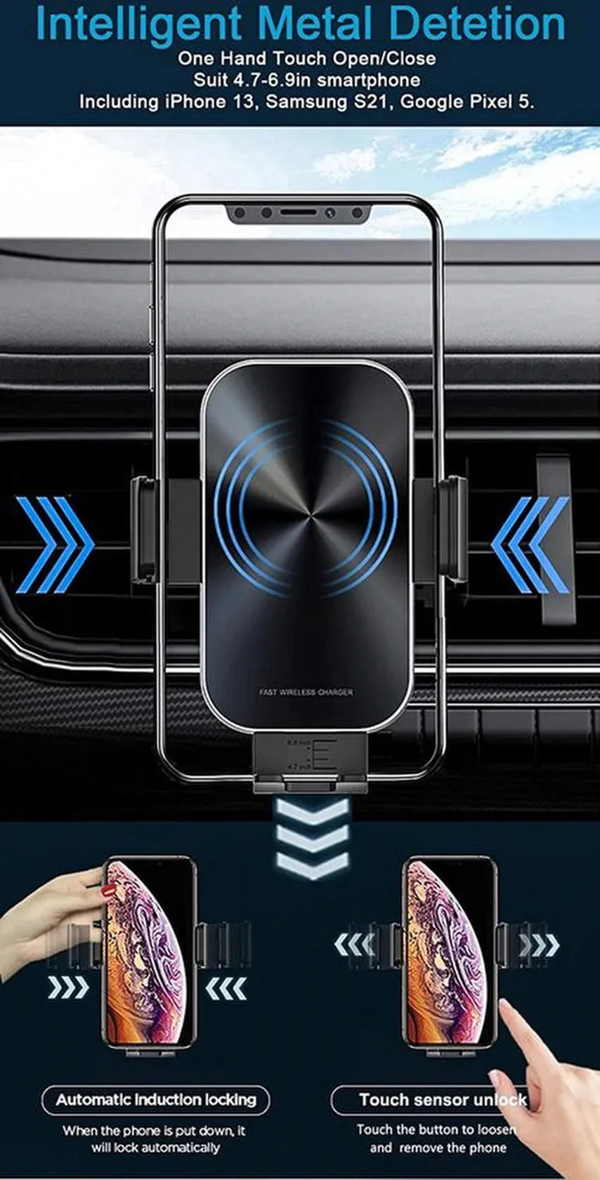 Telefoonhouder auto – 15W draadloze autolader snelladen – Ventilatierooster/Dashboard/Voorruit – Geschikt voor iPhone & Samsung – Zwart-Ilumina Benelux
