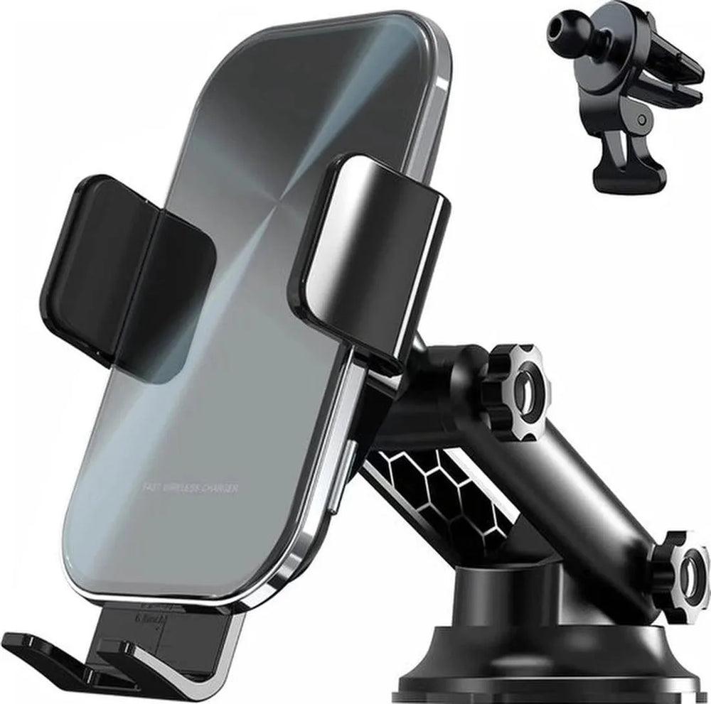 Telefoonhouder auto – 15W draadloze autolader snelladen – Ventilatierooster/Dashboard/Voorruit – Geschikt voor iPhone & Samsung – Zwart-Ilumina Benelux