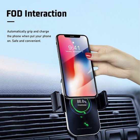 Telefoonhouder auto – 15W draadloze autolader snelladen – Ventilatierooster/Dashboard/Voorruit – Geschikt voor iPhone & Samsung – Zwart-Ilumina Benelux