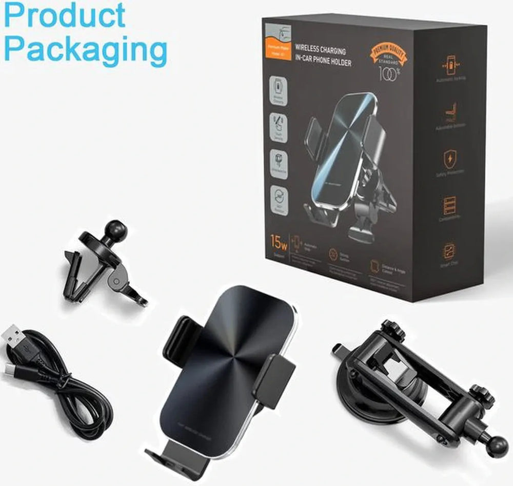 Telefoonhouder auto – 15W draadloze autolader snelladen – Ventilatierooster/Dashboard/Voorruit – Geschikt voor iPhone & Samsung – Zwart-Ilumina Benelux