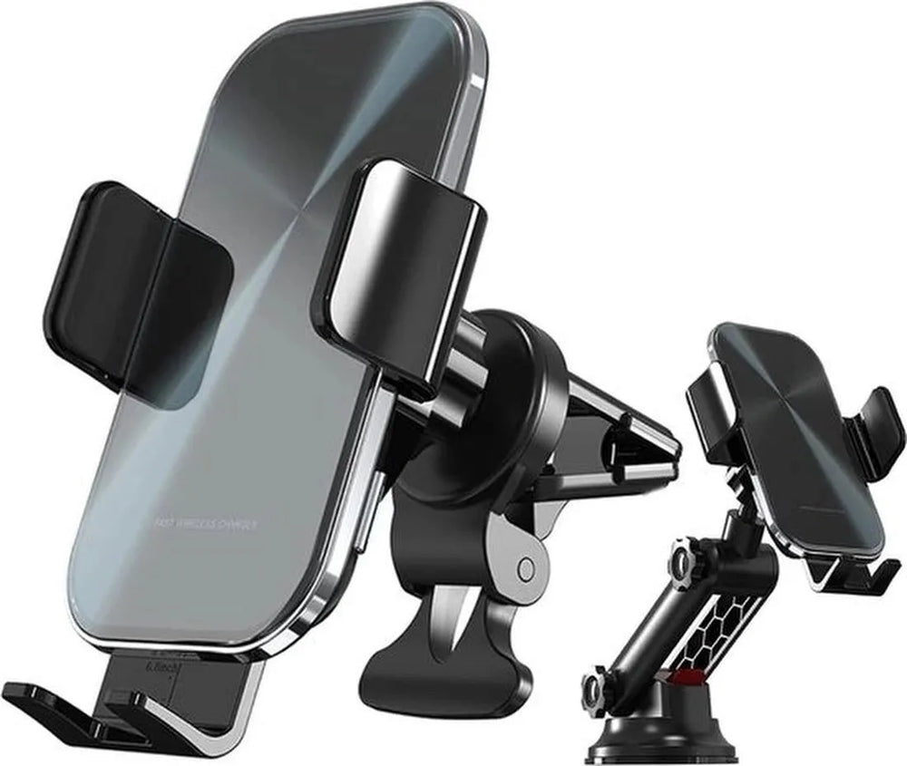 Telefoonhouder auto – 15W draadloze autolader snelladen – Ventilatierooster/Dashboard/Voorruit – Geschikt voor iPhone & Samsung – Zwart-Ilumina Benelux