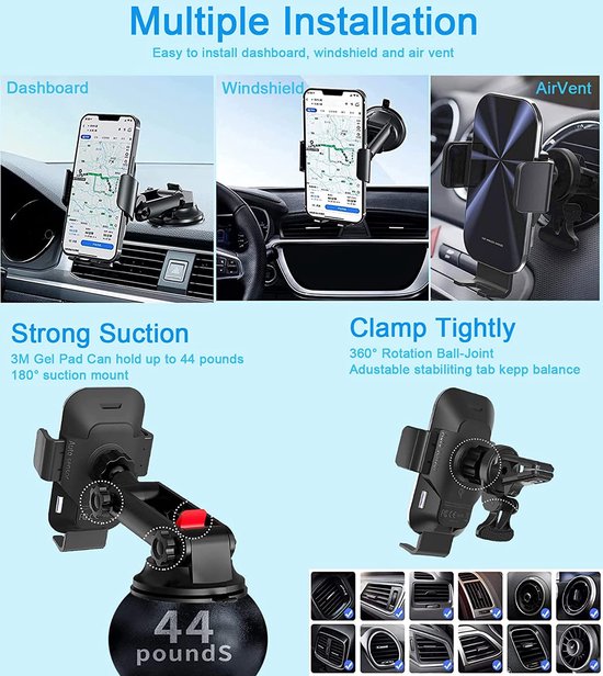 Telefoonhouder auto – 15W draadloze autolader snelladen – Ventilatierooster/Dashboard/Voorruit – Geschikt voor iPhone & Samsung – Zwart-Ilumina Benelux
