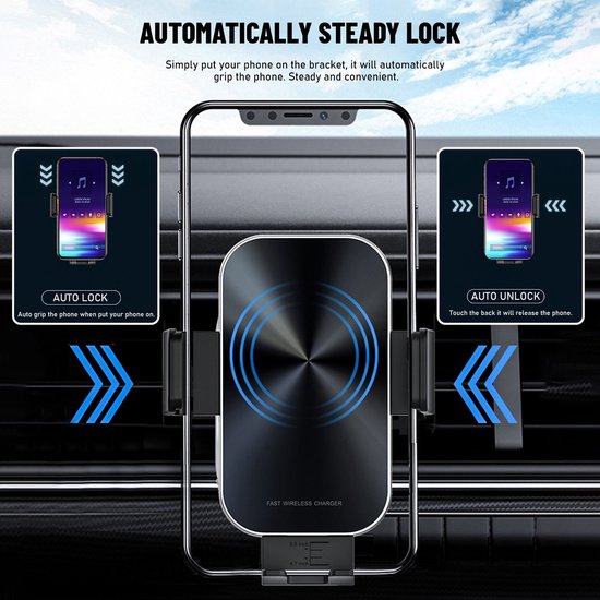 Telefoonhouder auto – 15W draadloze autolader snelladen – Ventilatierooster/Dashboard/Voorruit – Geschikt voor iPhone & Samsung – Zwart-Ilumina Benelux