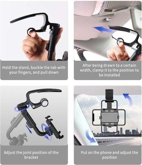 Telefoonhouder auto – 360° draaibaar – Verstelbaar – Dashboard/Stuur/Zonneklep montage – Zwart-Ilumina Benelux